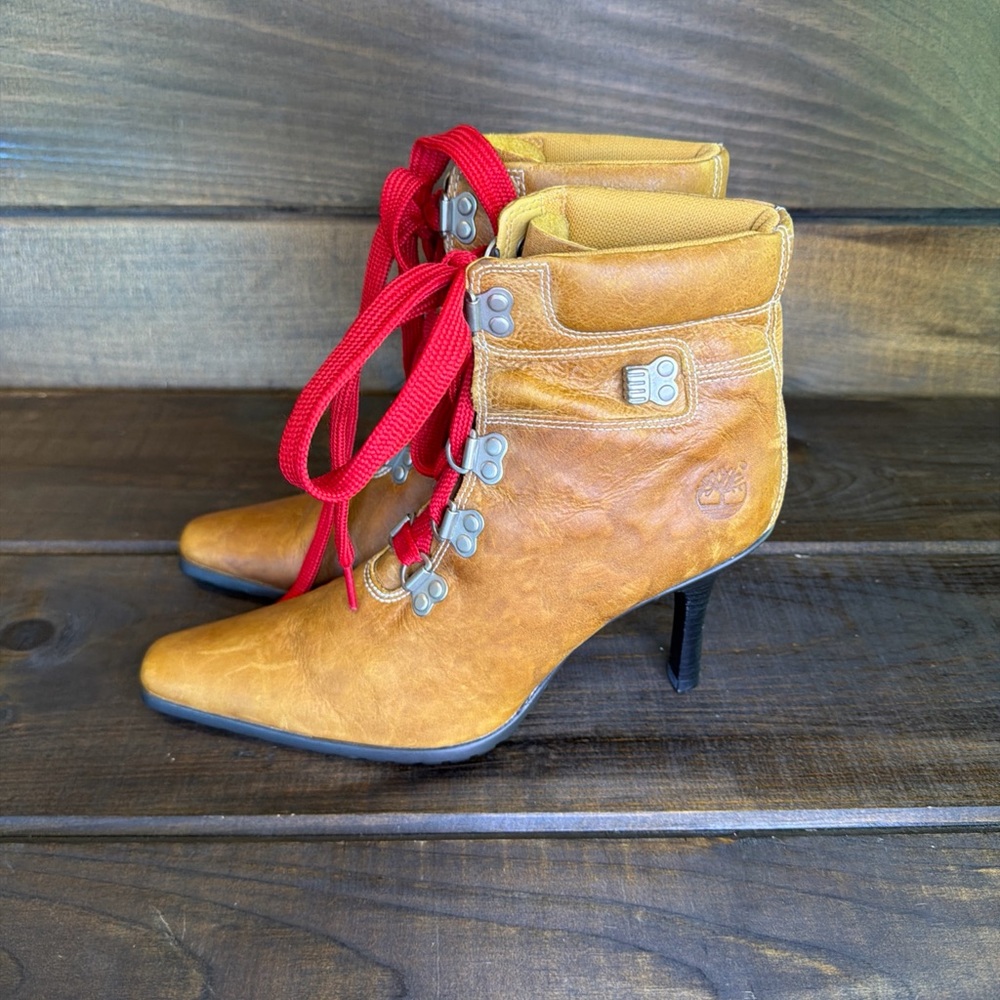 Timberland Y2K Special Edition Tan Leather Heeled Ankle Boots Women Size 9 M Vtg - Picture 6 of 11